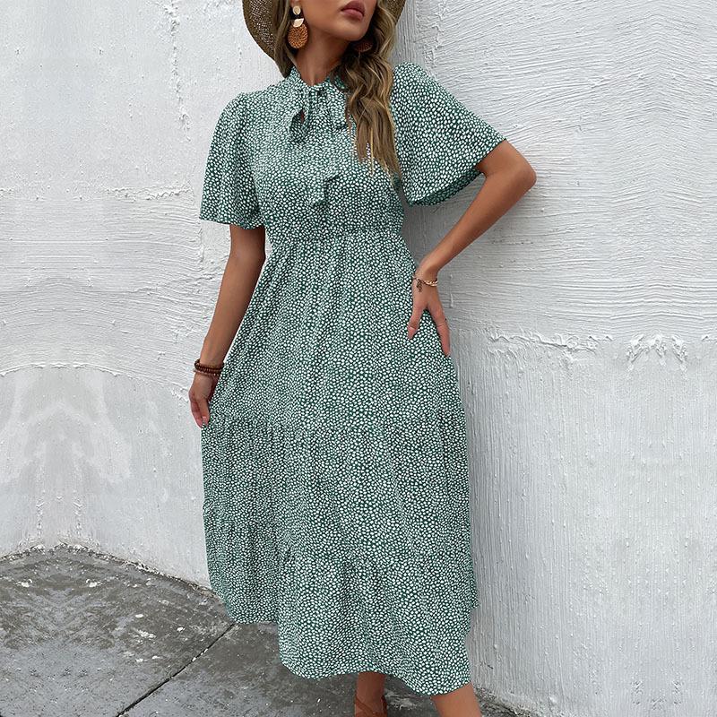 

New Summer 2025 Fashion Women s Ribbon Bow Printed Dress XL зелений