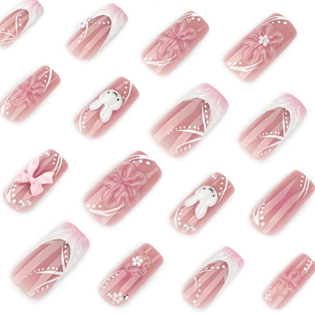 3D Blumige tragbare Nägel - Süße Kaninchen-Schleife Fake-Nagelkunst.