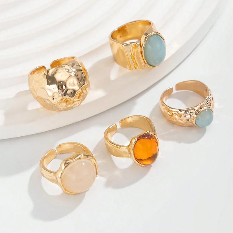 Vintage Chic Geometric Stone Inlaid Ring Set for Women Simple Chunky Gold Color Geometric Rings Daily Wear Party Jewelry Gifts