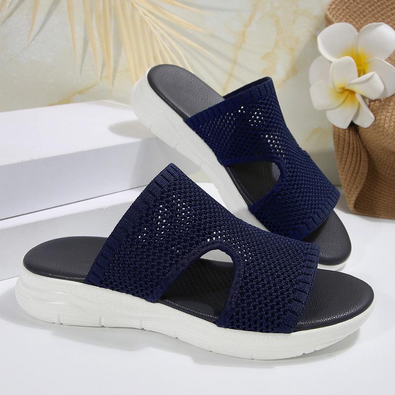 New large size fly-woven one-word hollow women's cool slippers slope heel fish mouth thick-soled slippers