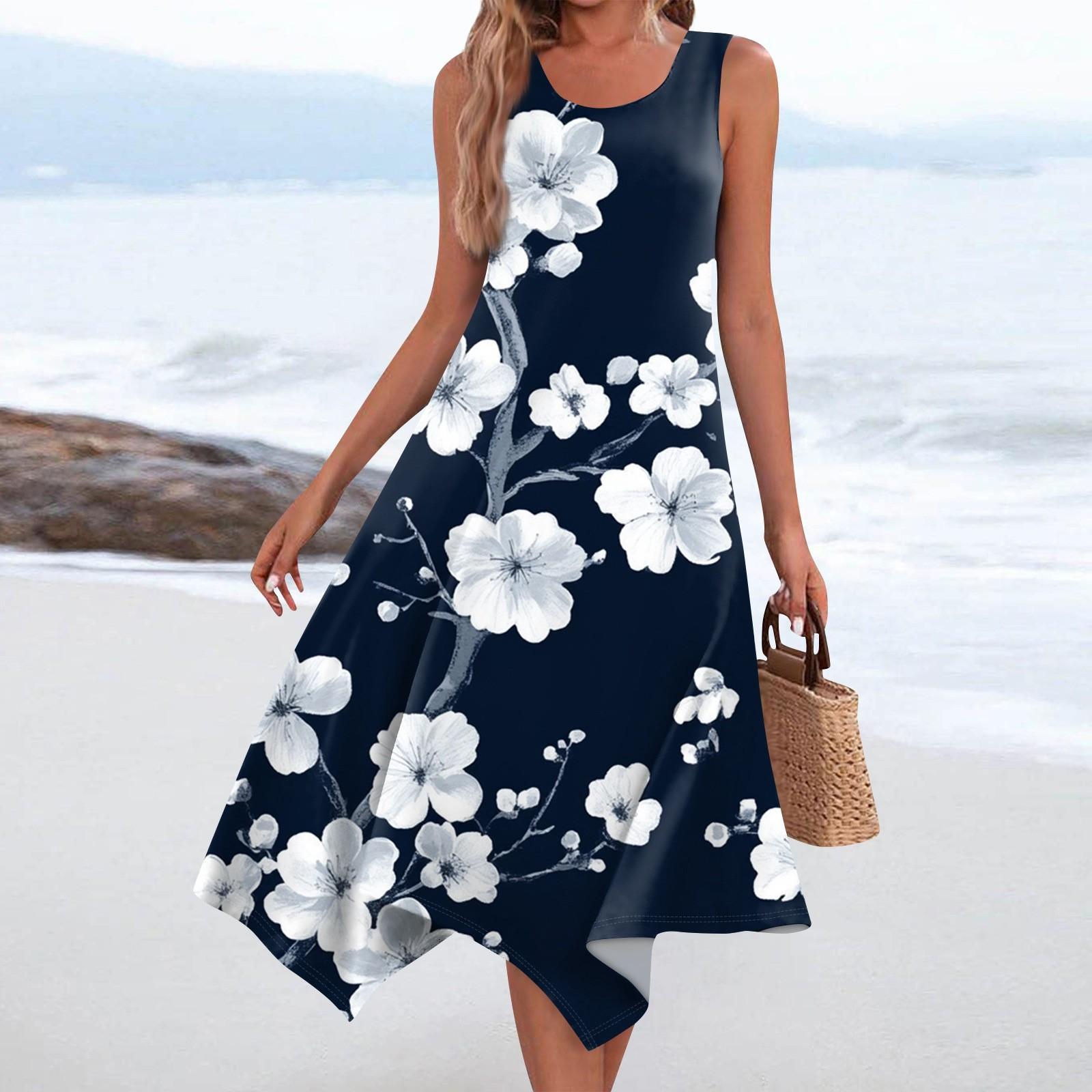 

Женское повседневное модное платье средней длины с круглым вырезом без рукавов с винтажным цветочным принтом и неровным подолом XL чёрный