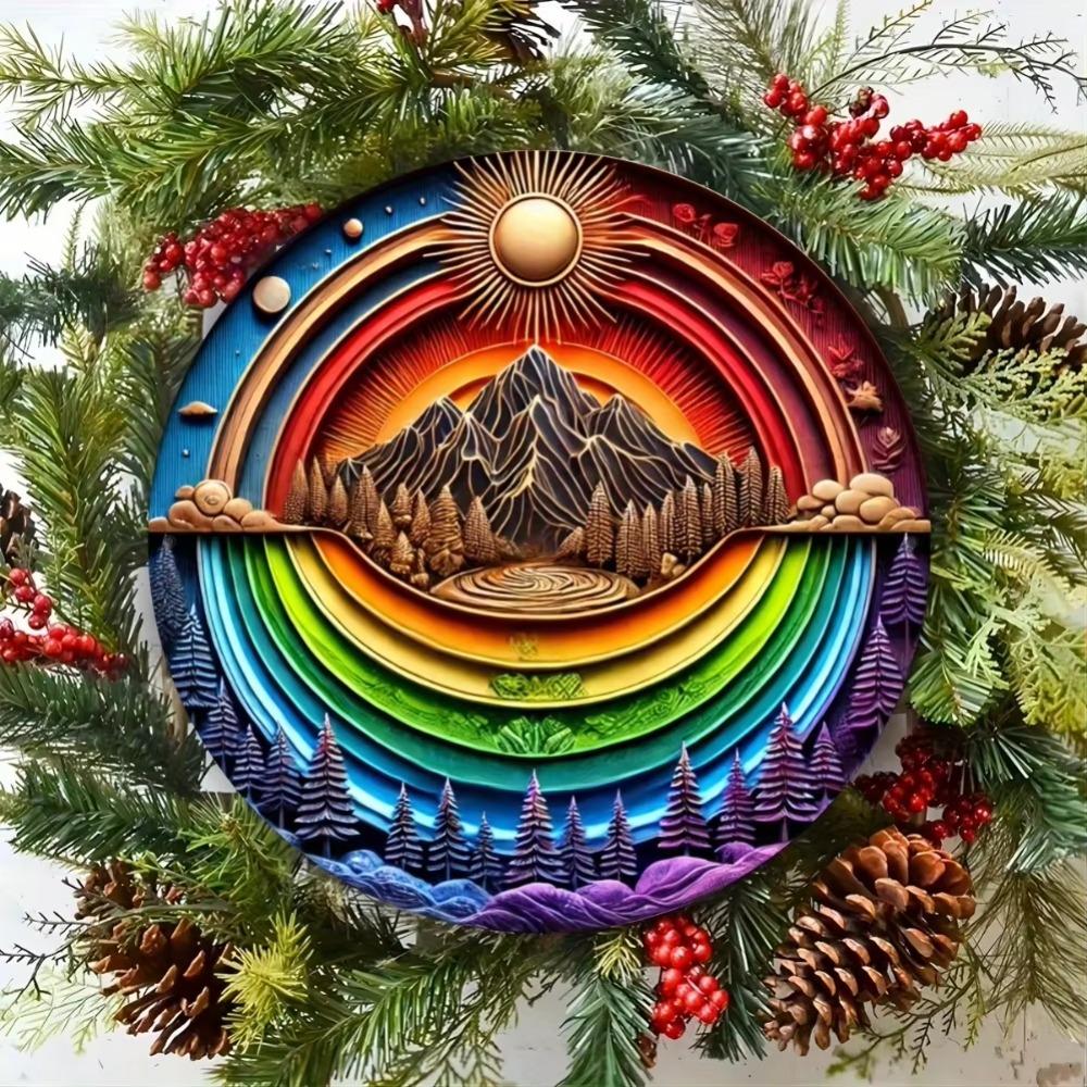 Embossed Aluminum Metal Sign Northern Lights Artwork 8x8 Inch Round Wall Decor Gift for Home Valentine