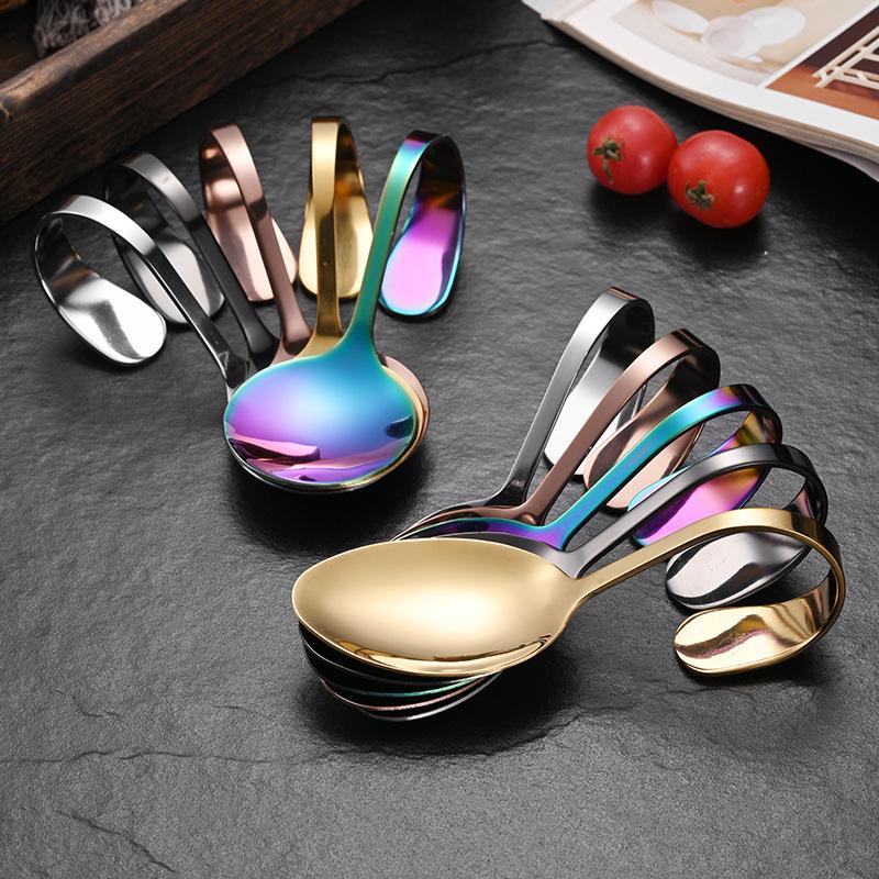 Stainless Steel Service Tableware Curved Handle Spoon Hotel Golden Independent Dining Curved Hotel Supplies Spoon