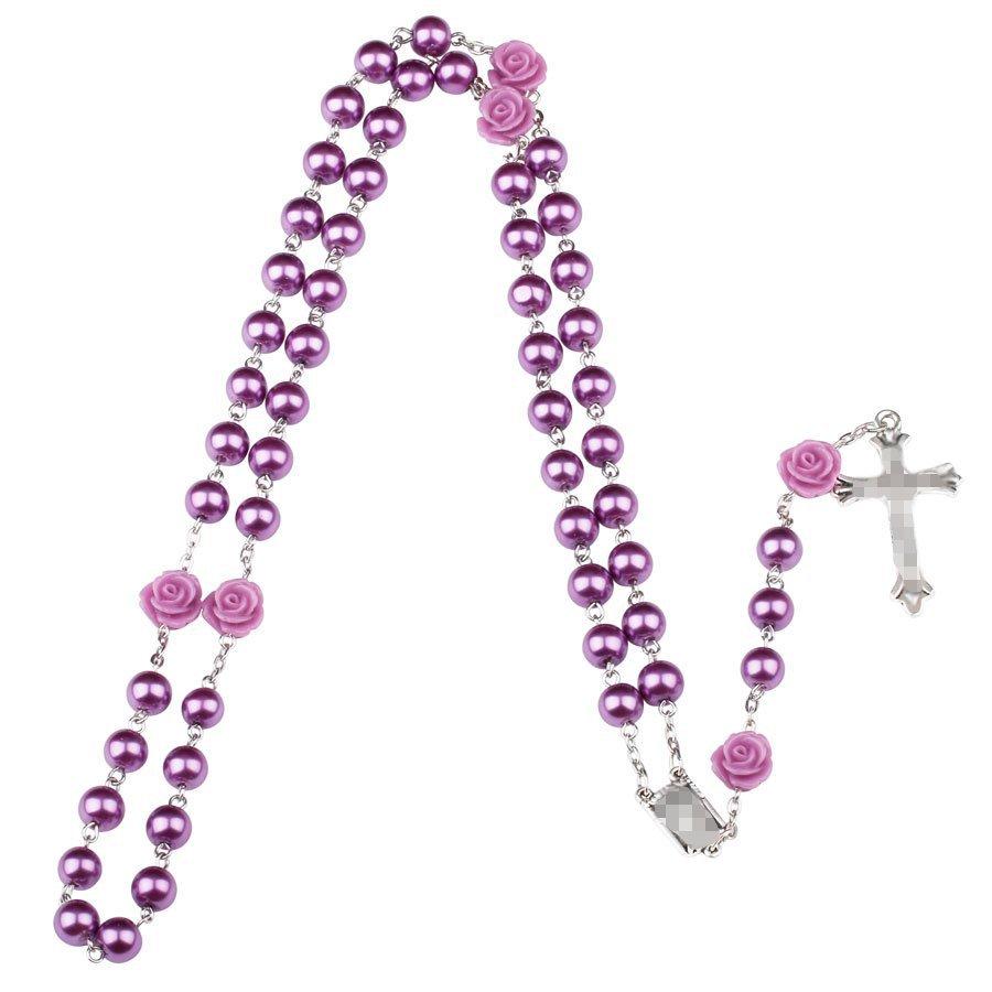 Charming Purple Color Rosary Necklace Women 8mm Round Glass Beaded Chain Cross Pendant Long Necklaces Praying Zircon Gifts