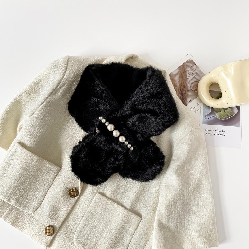 Furry Scarf for Women, Korean Style Pearl Plush Neck Scarf, Faux Rabbit Fur Thickened Cross-faux Fur, New Autumn/winter Scarf