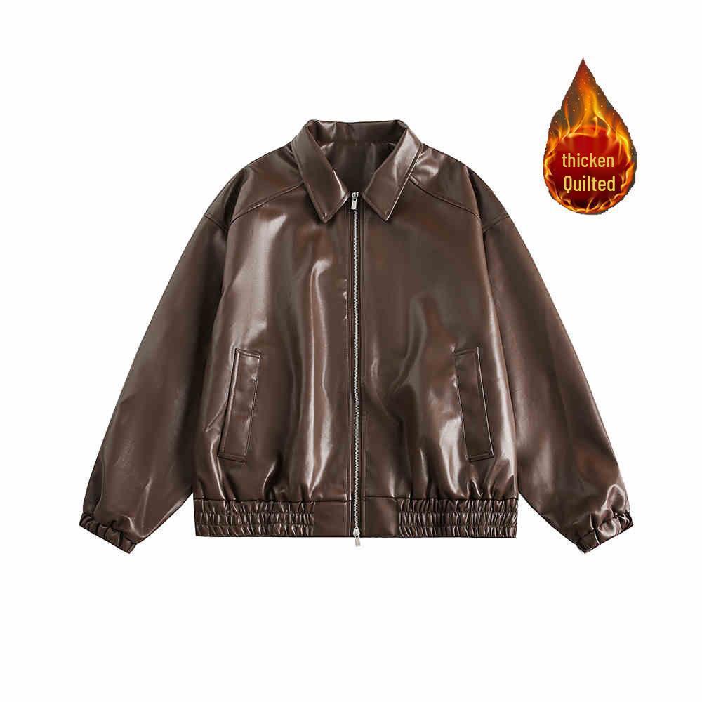 Unisex Retro American Style Leather Jacket with Velvet Lining for Autumn and Winter