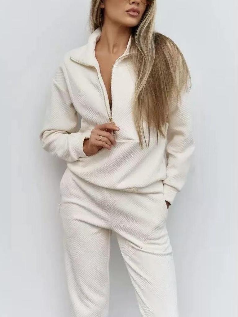 European & American Casual Women's Long-Sleeved Half-Zip Top with Tie-Up Pants Set