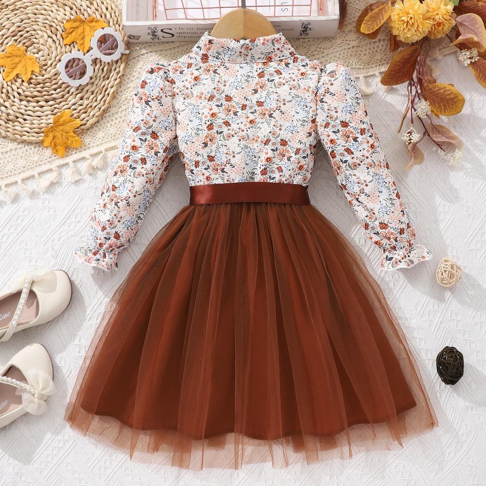 2-7 Years Girls' Floral Print Mesh Dress with Collar and Belt Girls Spring Autumn Winter Dress