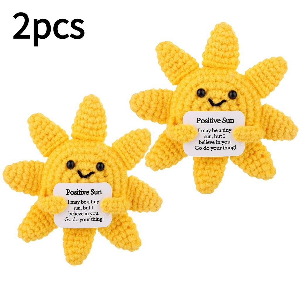 1/2pcs Positive Sun Crochet Dolls with Inspirational Cards-Handmade Yellow Knitted Suns for New Year, Birthday Party Decorations