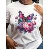 Europäische Größe Schmetterling Blume Damen Sportliches Kurzarm-T-Shirt - Lebendiger Schmetterlings- & Blumendruck, Normale Passform, Maschinenwaschbar
