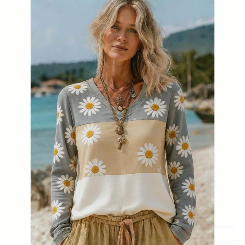 Spring Autumn Europe America Bohemian Style Fashion V-neck Women's T-shirt Pullover Women Long Sleeve Clothing Outdoor Casual Tees Top