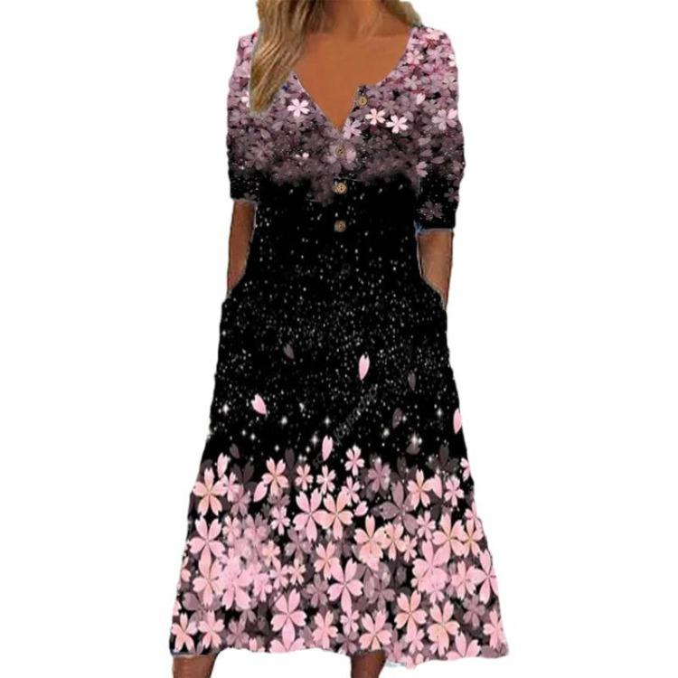 Buttoned Maxi Dress with Pocket Printed Cardigan Style Womens Dress