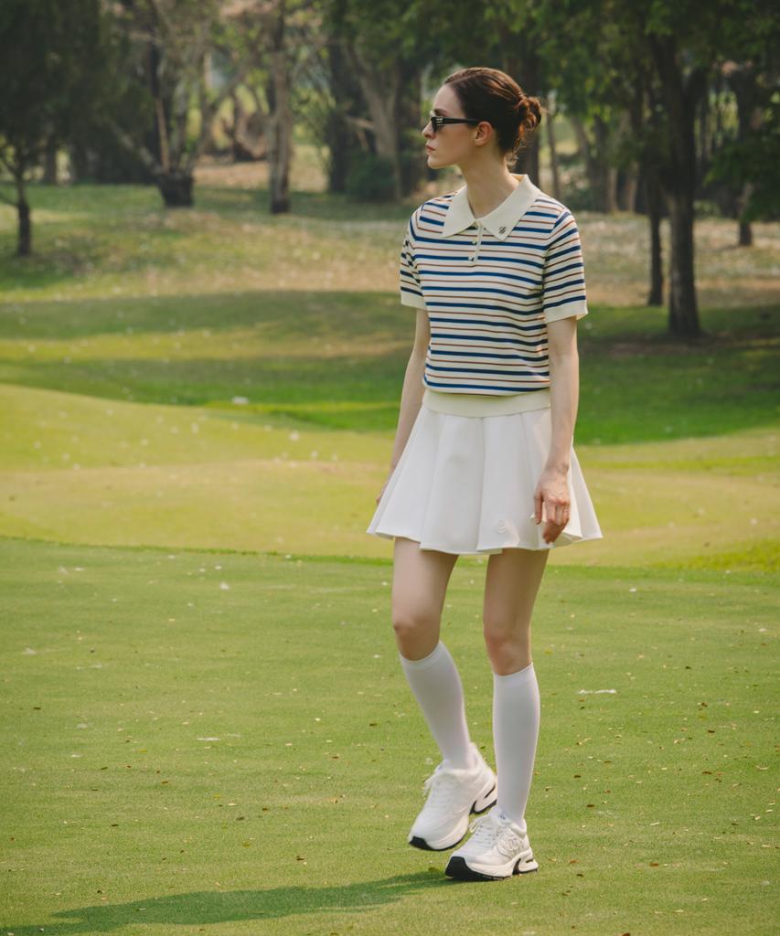 OBER GOLF Cool Stripe Polo Knit Top (Light Beige)