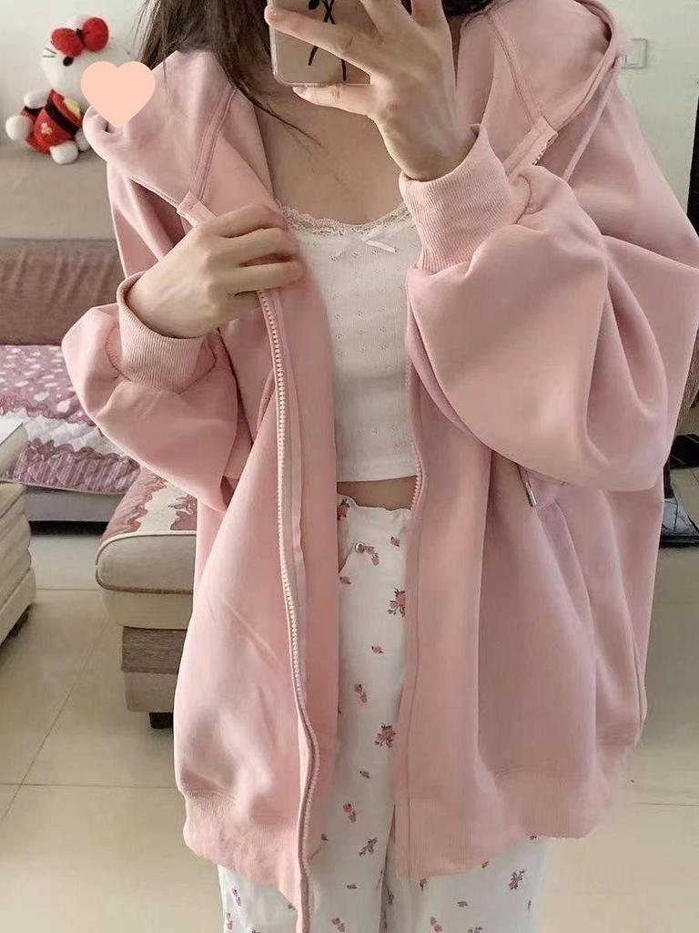 Damen Weicher Rosa Kapuzen-Cardigan mit Reißverschluss: Japanischer Süßer Stil, Langärmlig, Lockere Passform, Figurschmeichelndes Oberteil für Frühling/Sommer