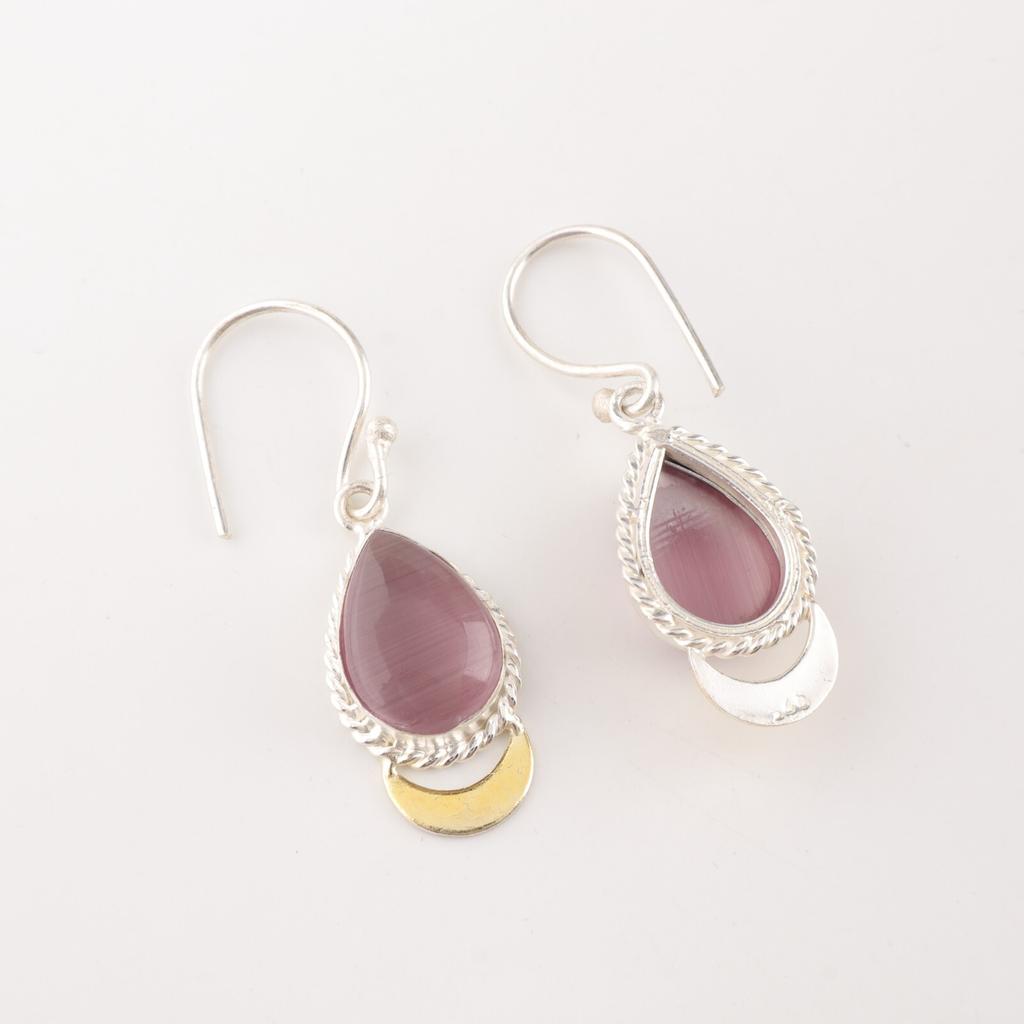 Pierre gemme œil de chat violet Argent sterling 925 Bijoux Boucles d'oreilles artisanales 1,5" EE-162-36