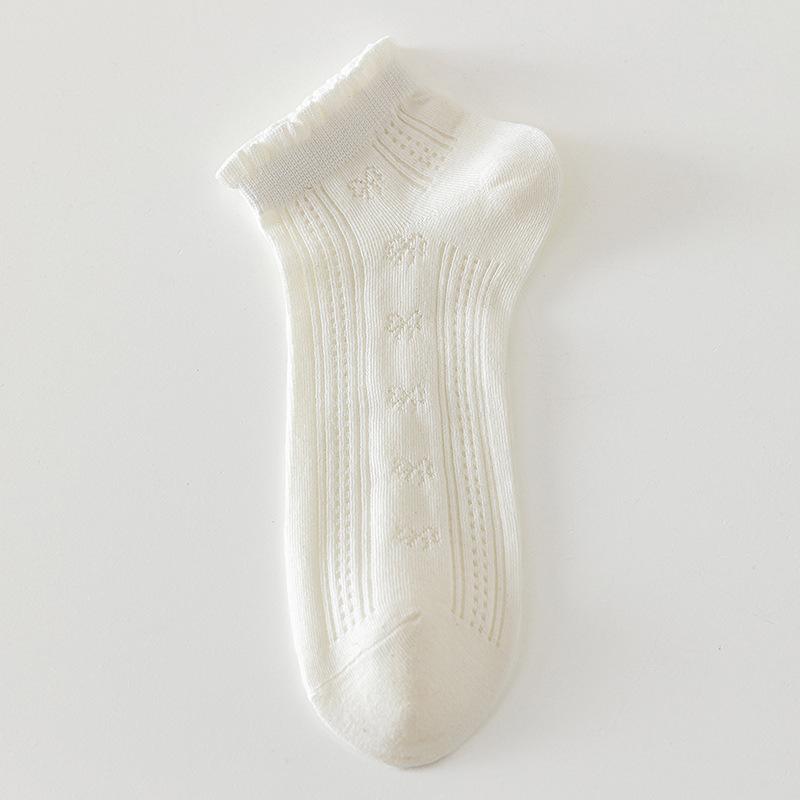 White Summer Thin Pure Cotton Mesh Breathable Bow Lace Girls' Summer Short Socks