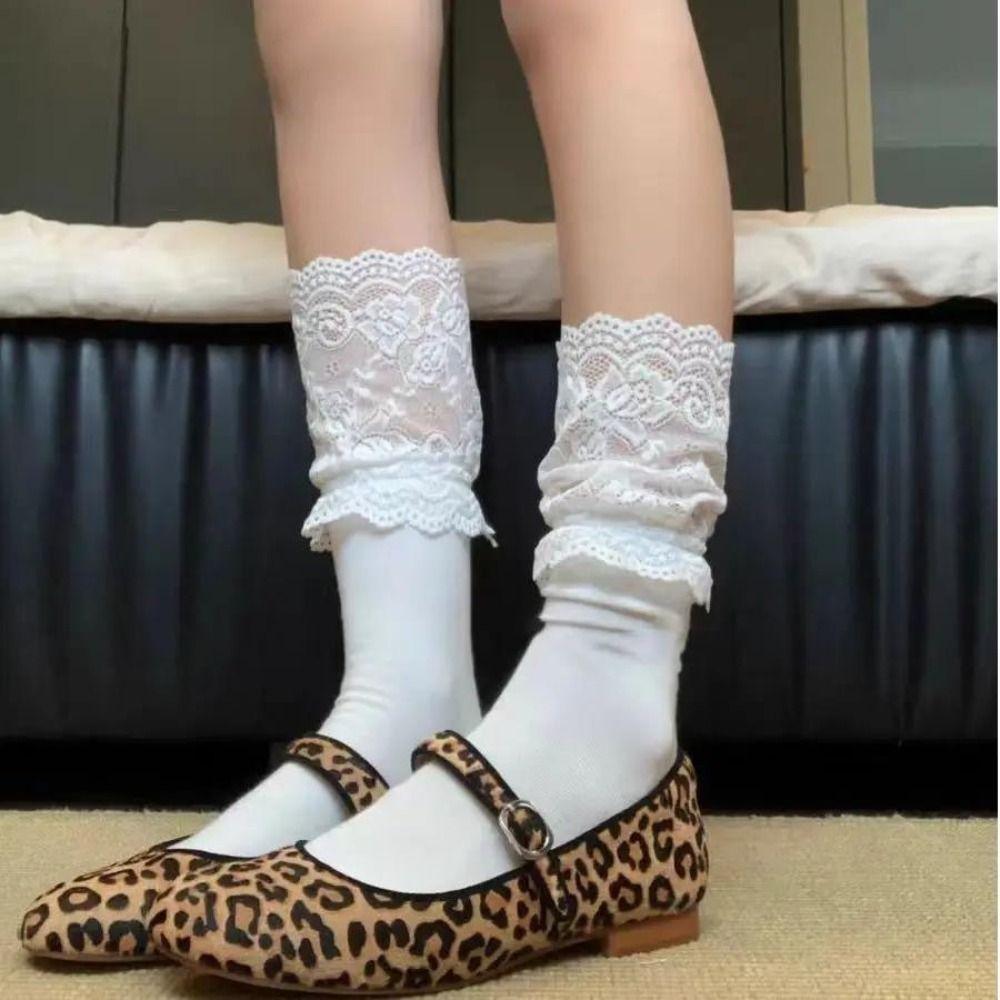 1Pair Lace Edge Long Tight Socks Solid Color Calf Socks Fashion Boot Socks Girl