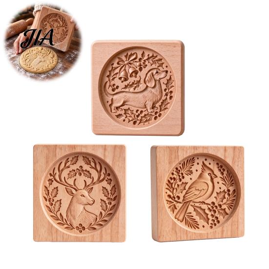 Christmas Baking Supplies Woodland Animal Cookie Mold, Wooden Biscuit Stamps, Scene 3D Red Party Snack Decoration Bird Elk Dachshund Cutter Embossing