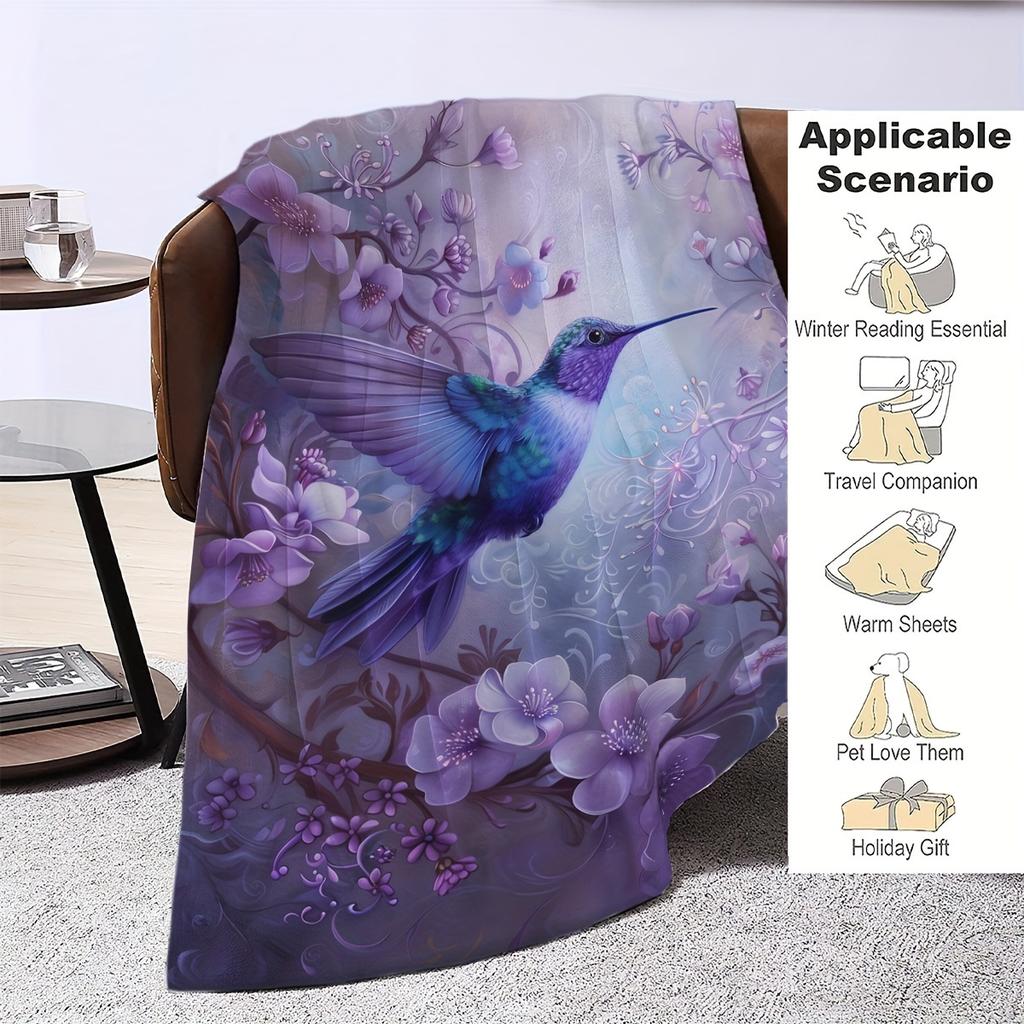 Luxurious Purple Hummingbird & Floral Throw Blanket - Soft Flannel, Reversible, All-Season Comfort - Ideal for Home Decor & Chri