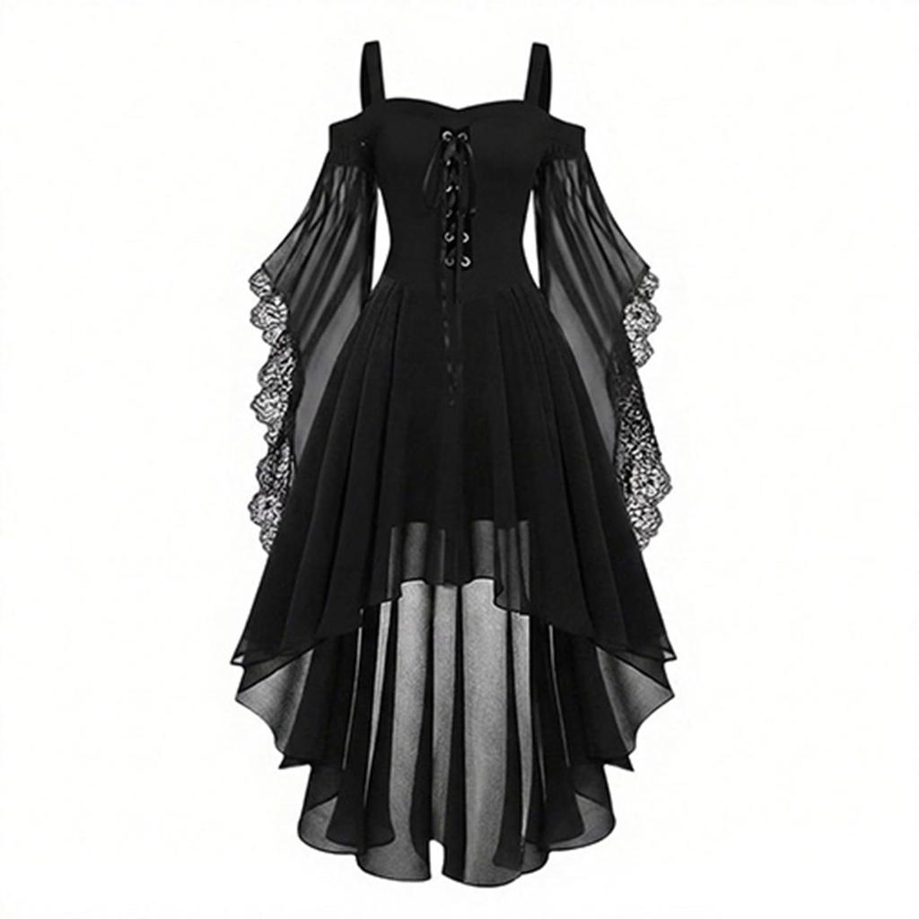 Women's Chiffon Off-Shoulder Gothic Dress with Butterfly Sleeves, Asymmetric Hem for Halloween