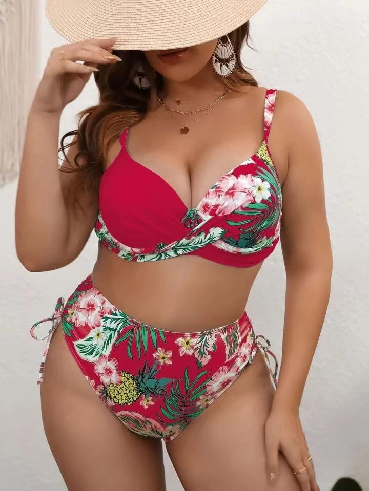 

Plus size suspender high waist open back hot girl split bikini women s suit style sporty style 5XL червоний