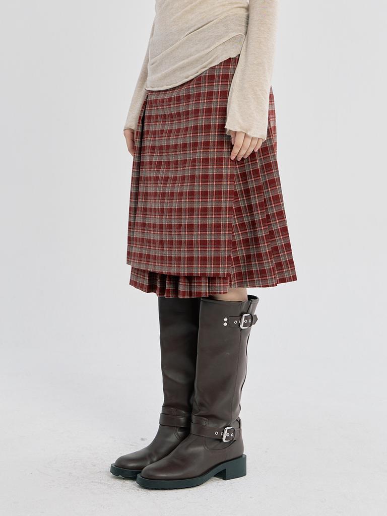 Opish Layered Check Pleats Wrap Skirt, Red