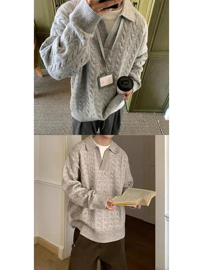 Men's Gray Two-Piece Pilling-Resistant V-Neck Sweater – Korean Style Winter Knitwear