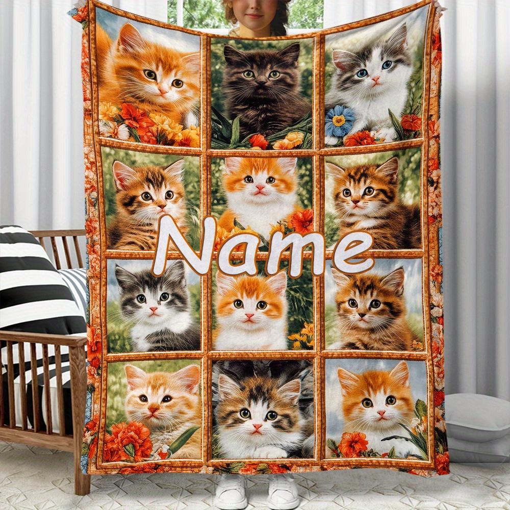 Custom 9 Grid Kittens Fleece Blanket Personalized Name Cute Cats Print Throw Soft Cozy All Season Bedding Gift For Cat Lovers