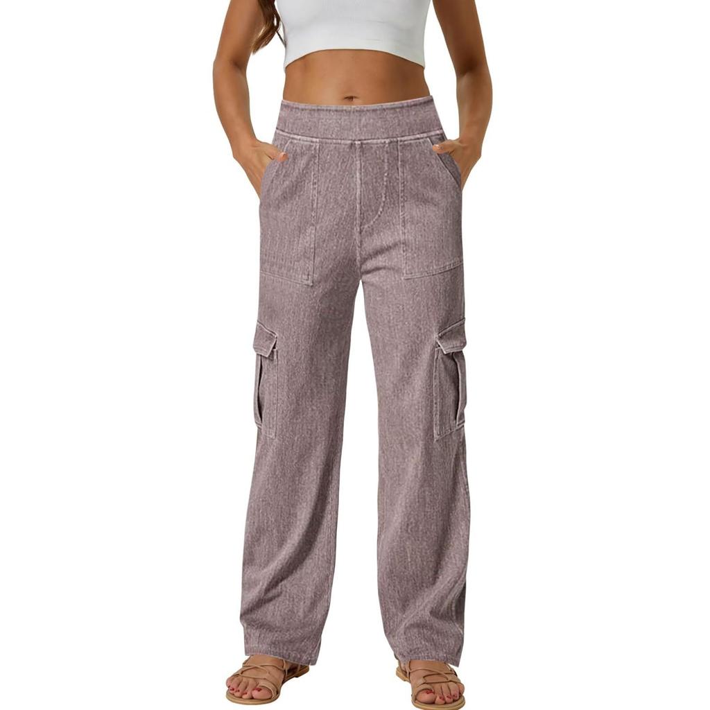 Women  Elastic High Waist Pant Casual Active  Fit Wide Leg Long Pants Trousers With Pockets