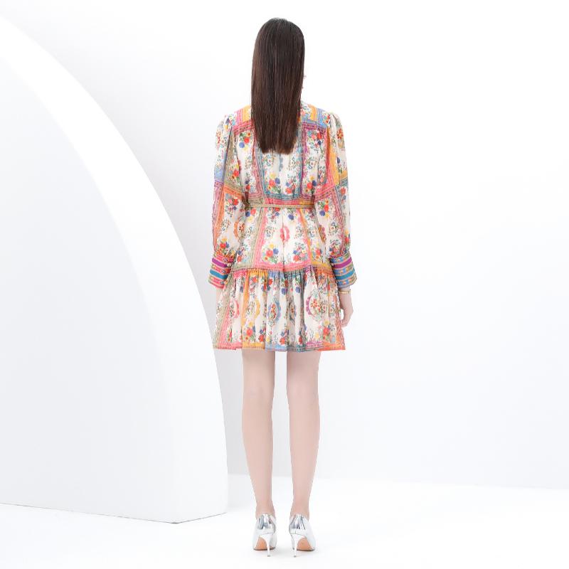 Spring Summer Women Stand Collar Single Breasted Retro Print Oversize Plus Size Party Dresses with Belt