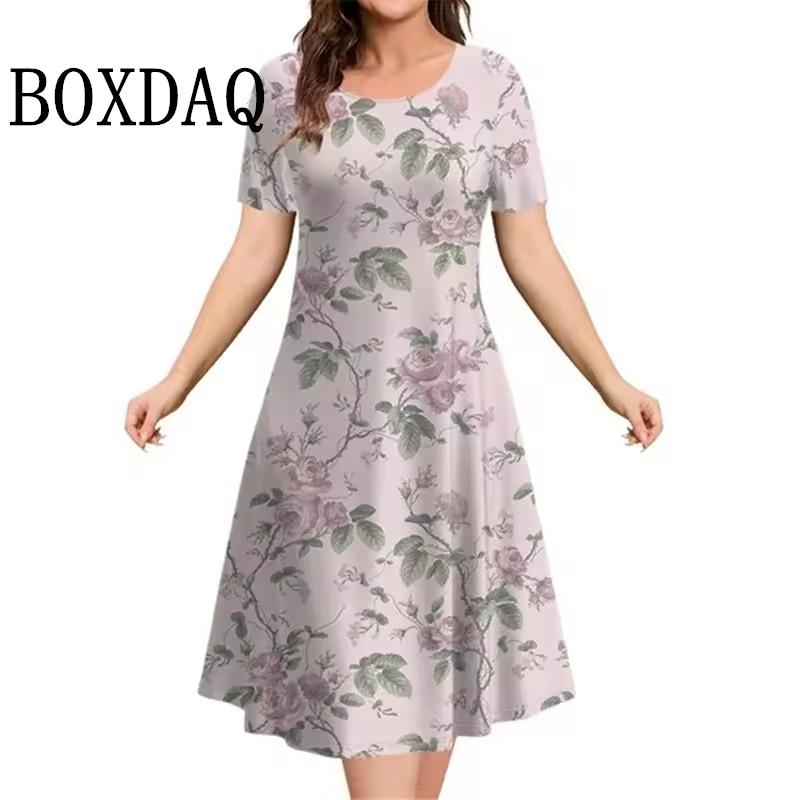 New 2025 Dresses Women 3D Flowers Printing Short-Sleeve Sundress Summer Casual Pullover Fashion Loose Ladies Dresses