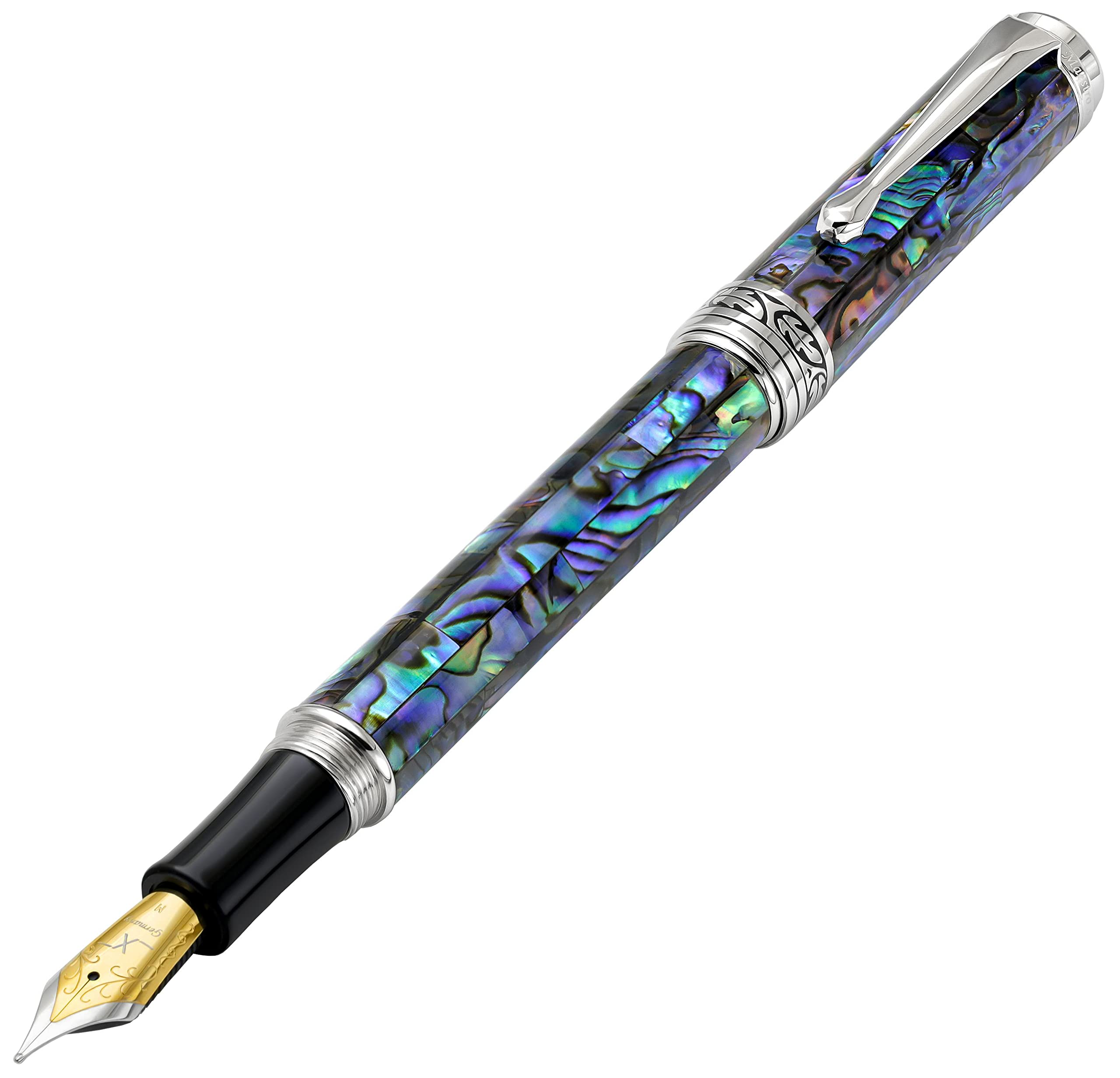 

Xezo Maestro fountain medium point Natural abalone shell Pure platinum limited pen, nib. inlay. plated. Handcrafted, edition, serialized.