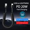 Car USB Type C/Type C to Type C/USB LIGHTNING Fast Charging Spring Telescopic Cable For iPhone 16 15 14 Samsung Xiaomi OnePlus