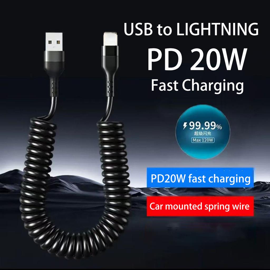 Car USB Type C/Type C to Type C/USB LIGHTNING Fast Charging Spring Telescopic Cable For iPhone 16 15 14 Samsung Xiaomi OnePlus