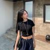 Sweet and Spicy Style Open Navel Short-sleeved T-shirt Women's Summer New American Front Shoulder Short Spice Girl Top Black Base