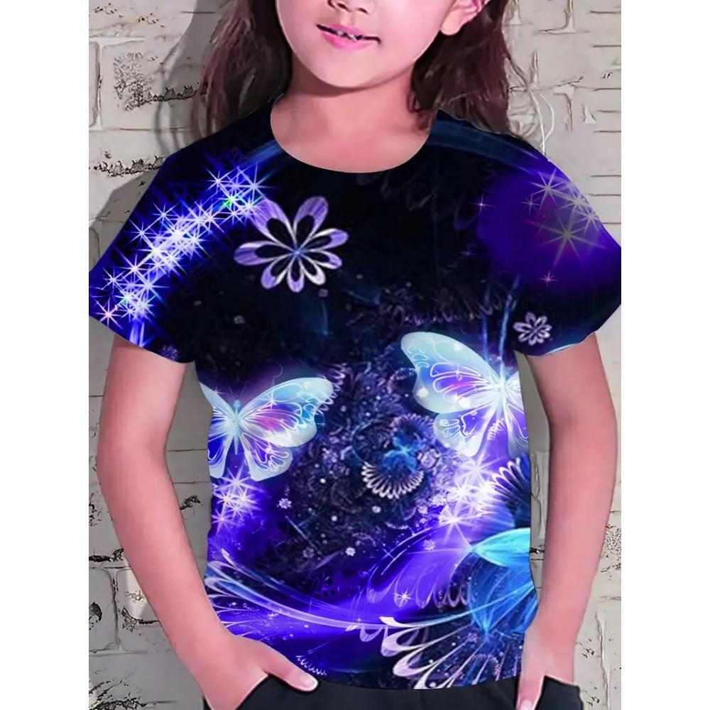 Summer Round Neck 3D Butterfly Pattern Printed Top Fashionable Casual Short Sleeved Children's Girl T-shirts