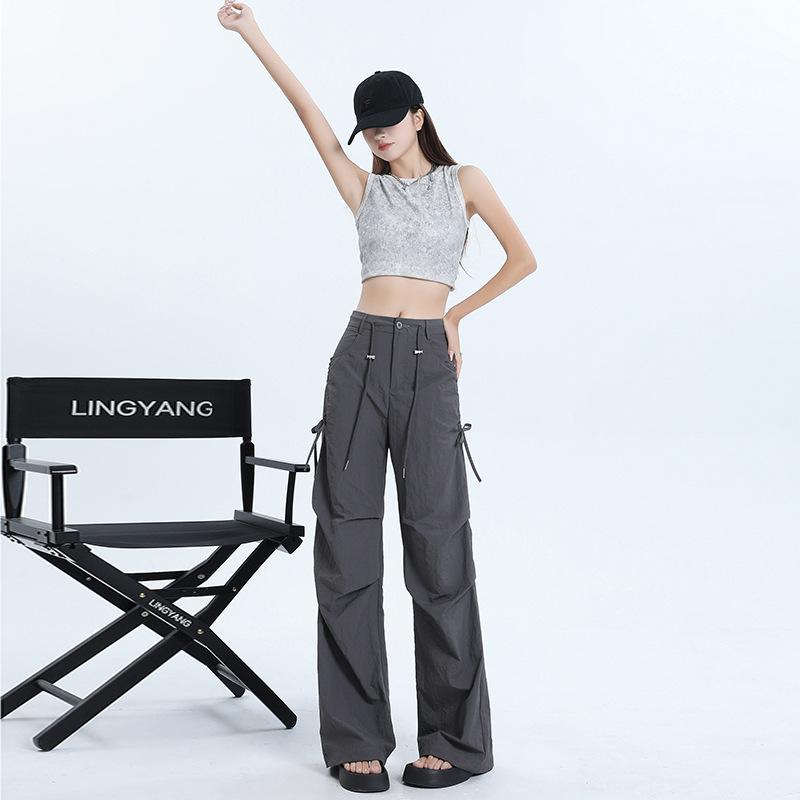 Women's High Waist Cargo Pants Wide Leg Trousers Quick Dry Drawstring Straight Pants Two Length Design Summer Casual Street Pants