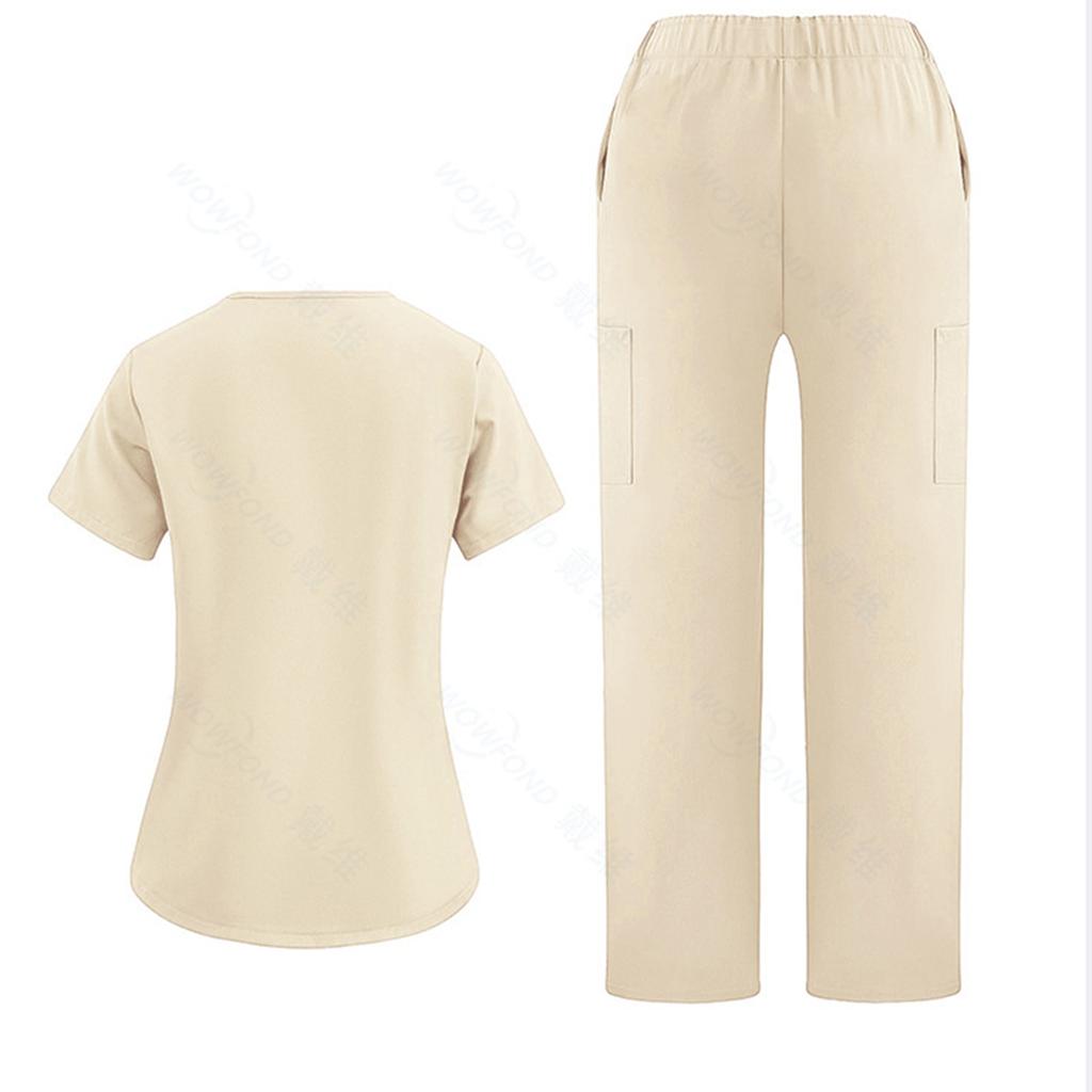 Ladies' Loose And Comfortable V-neck Short Sleeved Workwear With Multiple Pockets Suit Set