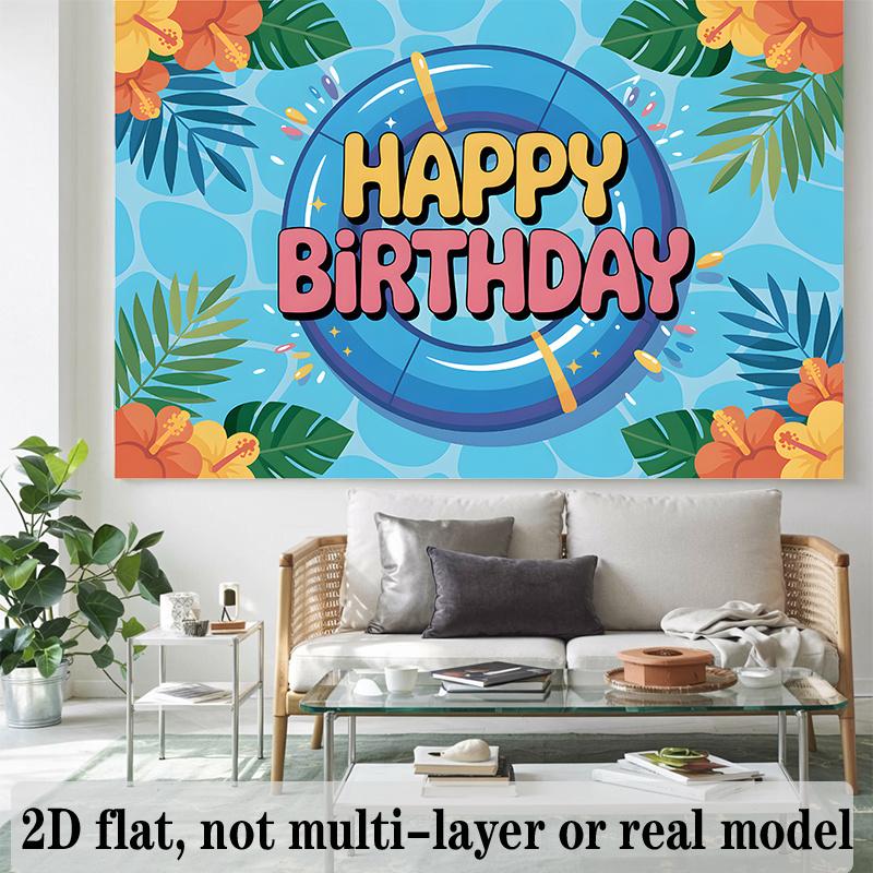 Tropical Birthday Banner, Blue Pool Flower Pattern Backdrop Wall Decor for Summer