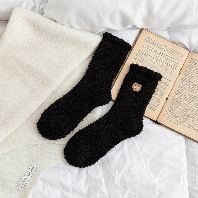1pair Coral Fleece Sleeping Socks Home Socks Women's Mid-tube Autumn and Winter Embroidery Bear Cute Plus Velvet Thick Warm Long Tube