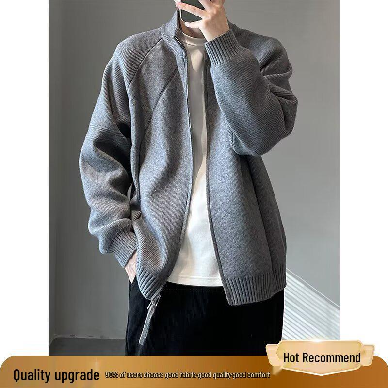 Men's Korean Style Double Zipper Stand Collar Knit Cardigan Jacket for Autumn and Winter Casual Wear