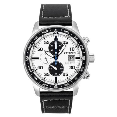 Eco-Drive Chronograf Lotniczy Pasek Skórzany Biała Tarcza CA0880-07A Zegarek Męski 100M