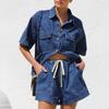 Women's Denim Shirt and Shorts Two Piece Set Short Sleeve Loose Casual Spring Summer Outfit