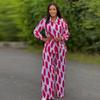 African Fashion Stripe Printed Two Piece Set Women Spring Autumn Casual Button Long Sleeved Shirt Wide Leg Pants Set
