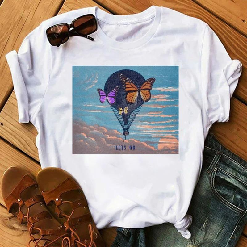 Cartoon Colored Hot Air Balloon Tshirt Womens Summer Round Neck Comfortable Top for Girls Anime Streetwear