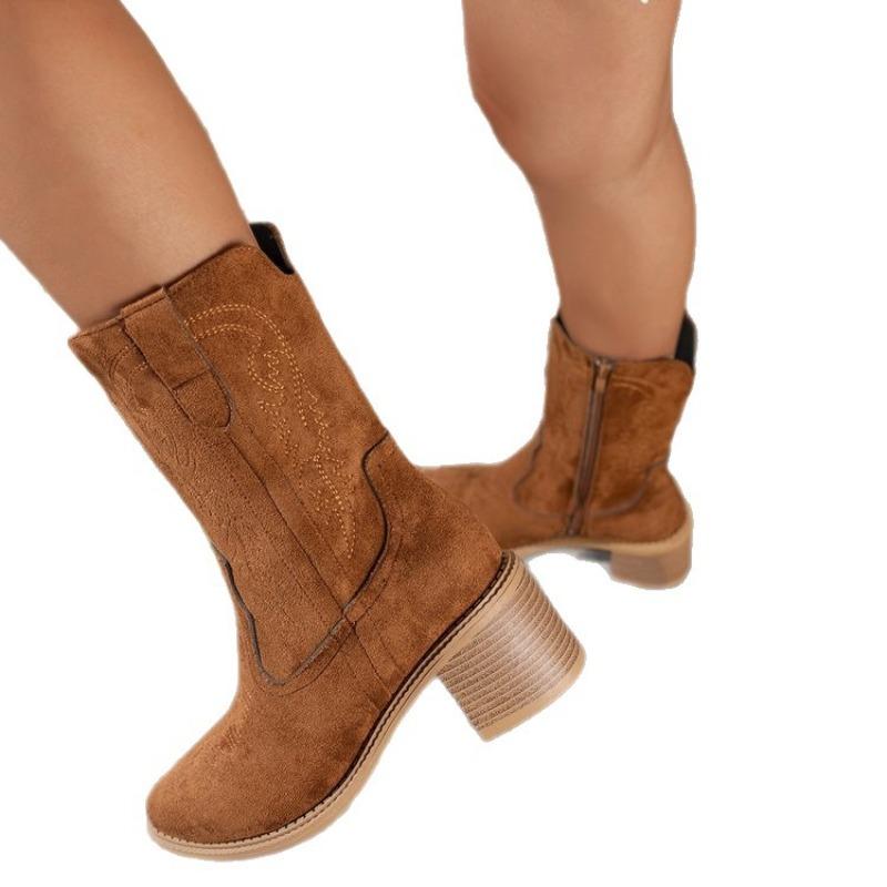 Women's Suede Mid-Calf Martin Boots, Pointed Toe Chunky Heel Embroidered Side Zipper Boots, Plus Size Fall Winter Shoes