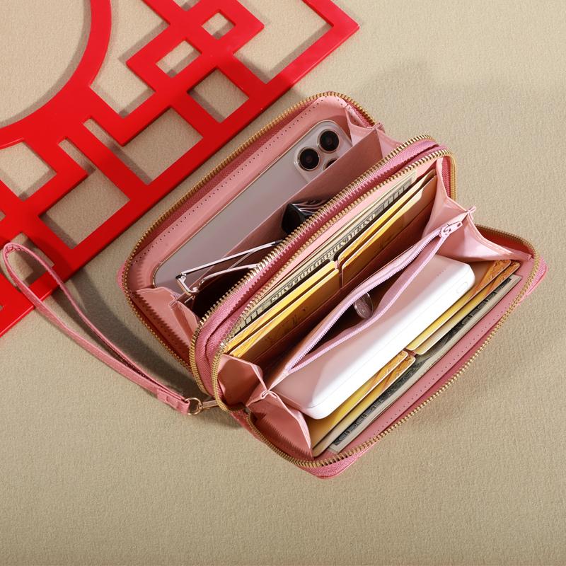 Simple Large-capacity Long Wallet, Solid Color Zipper Coin Purse, Valentine's Day Clutch Bag With Wristband