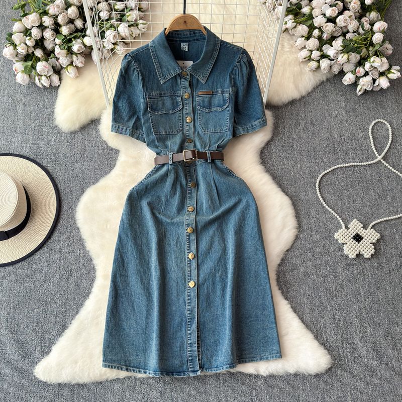 

Летнее французское ретро платье-рубашка с отделкой талии из денима Blue M