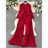 Puff Sleeves V-neck Lace-up Waist-Tight Pleated Jumpsuit