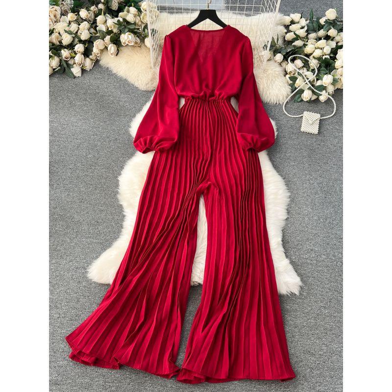 Puff Sleeves V-neck Lace-up Waist-Tight Pleated Jumpsuit